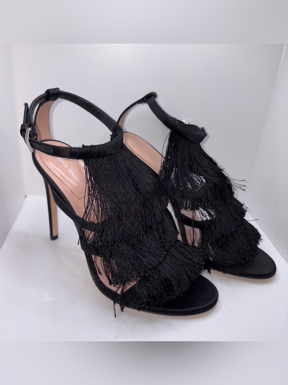 ALBERTA FERRETTI Black Tassel Fringe Shoes Stiletto High Heels SZ EU 39 US 8.5